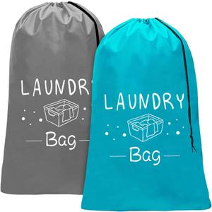 Sylfairy 2 Pack Extra Large Travel Laundry Bag, Dirty Clothes Organizer with Drawstring,Heavy Duty Travel Laundry Bags,Easy Fit a Laundry Hamper Travel Essentials (Grey+Blue)