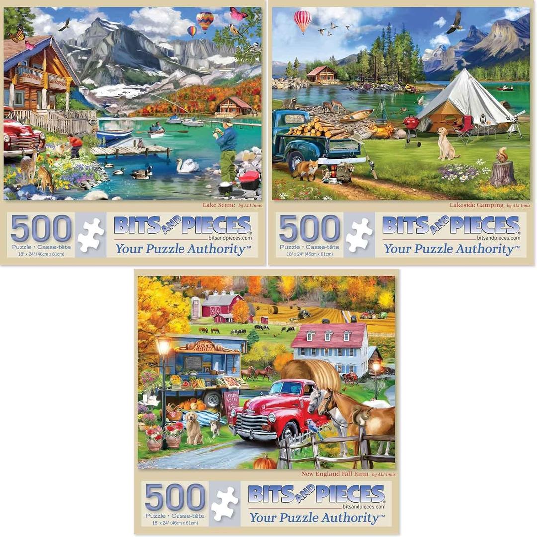 Bits and Pieces  Value Set of Three Large 500 Piece Jigsaw Puzzles for Adults  Lake & New England Farm Themed Jigsaw Puzzles by Ali Innis, Completed Puzzle Size: 18" x 24"