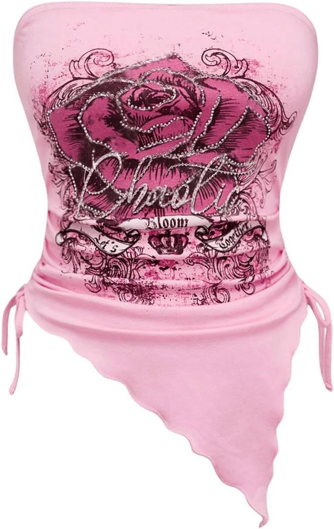 SOLY HUX Women's Y2k Bandeau Tube Tops Graphic Print Asymmetrical Crop Top Aesthetic Clothes (Light Pink)