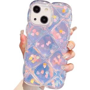 Qokey Compatible with iPhone 13 Case,Cute Laser Gradual Bling Love Heart Glitter Clear+Translucent Card Soft Wave Frame Anti-Falling 3D Thick Shockproof Phone Cover(for 13 6.1")