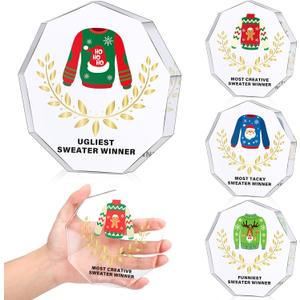 Soaoo 4 Pieces Acrylic Ugly Christmas Sweater Trophy 4.7 Inches Funny Christmas Sweater Party Trophy Award Ugly Sweater Contest Prizes for Adults Women Items Xmas Supplies, 4 Styles