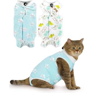 ANWA 2 Pack Cat Recovery Suit - Breathable Cat Onesie for Cats After Surgery Female, Kitten Surgery Recovery Suit Female Abdominal Wounds (Large, Star + Dinosaur)