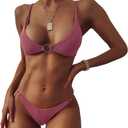ZAFUL Women's Ribbed O-Ring String Bikini Swimsuit Cheeky Thong Swimwear Two Pieces Bathing Suit (4_pink) S