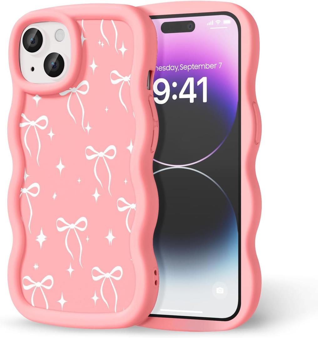 Compatible with iPhone 14 Plus Case for Women Girls, Curly Wavy Frame with Cute Pattern, Aesthetic Slim Soft Silicone TPU Bumper Shockproof Phone Case for iPhone 14 Plus - Bowknot Star