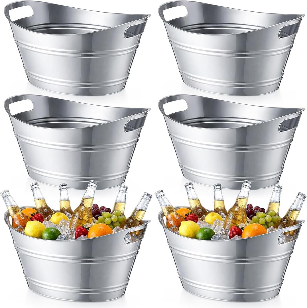 meekoo 6 Pcs Plastic Ice Buckets Bulk with Handles 4.5L Oval Storage Tub Large Capacity Ice Drink Bucket for Easter Summer Party Bar Wine Beer Champagne Beverage Bottle Cooler(4.5 L,Metal)