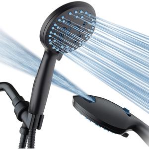 AquaCare High Pressure 8-mode Handheld Shower Head - Anti-clog Nozzles, Built-in Power Wash to Clean Tub, Tile & Pets, Extra Long 6 ft. Stainless Steel Hose, Wall & Overhead Brackets (Matte Black)