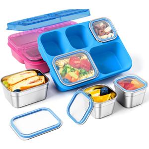 Freshmage Stainless Steel Snack Containers - 2 Pack, BPA-Free Lunch Bento Box with 5 Compartment, Reusable Food Storage Snackle Box for School, Work, and Travel, Dishwasher Safe (Pink/Blue)