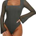 REORIA Women's Sexy Long Sleeve Square Neck Bodysuit Mesh Double Lined Going Out Tops 2025 M
