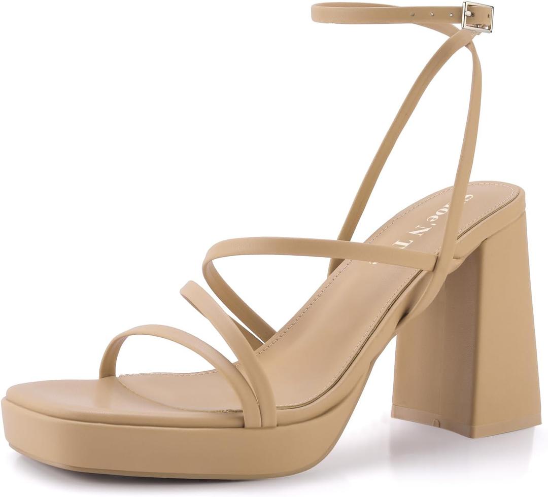 Shoe'N Tale Platform Heels for Women Strappy Block Chunky Heels Square Toe Ankle Buckle Sandals (8.5)