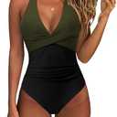 SUUKSESS Women Sexy Tummy Control One Piece Swimsuits Halter Push Up Monokini Bathing Suits (Green Black, S)