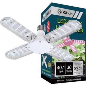 GT-Lite LED 4 Panel Folding Grow Light Bulb with 40.1 PPF, 30 Watt Adjustable LED Grow Light for Indoor Plants,E26 Base