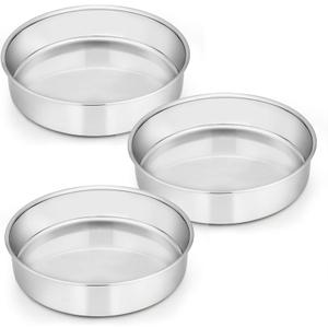 E-Far 8 Inch Cake Pan Set of 3, Stainless Steel Round Layer Cake Baking Pans, Non-Toxic & Healthy, Mirror Finish & Dishwasher Safe