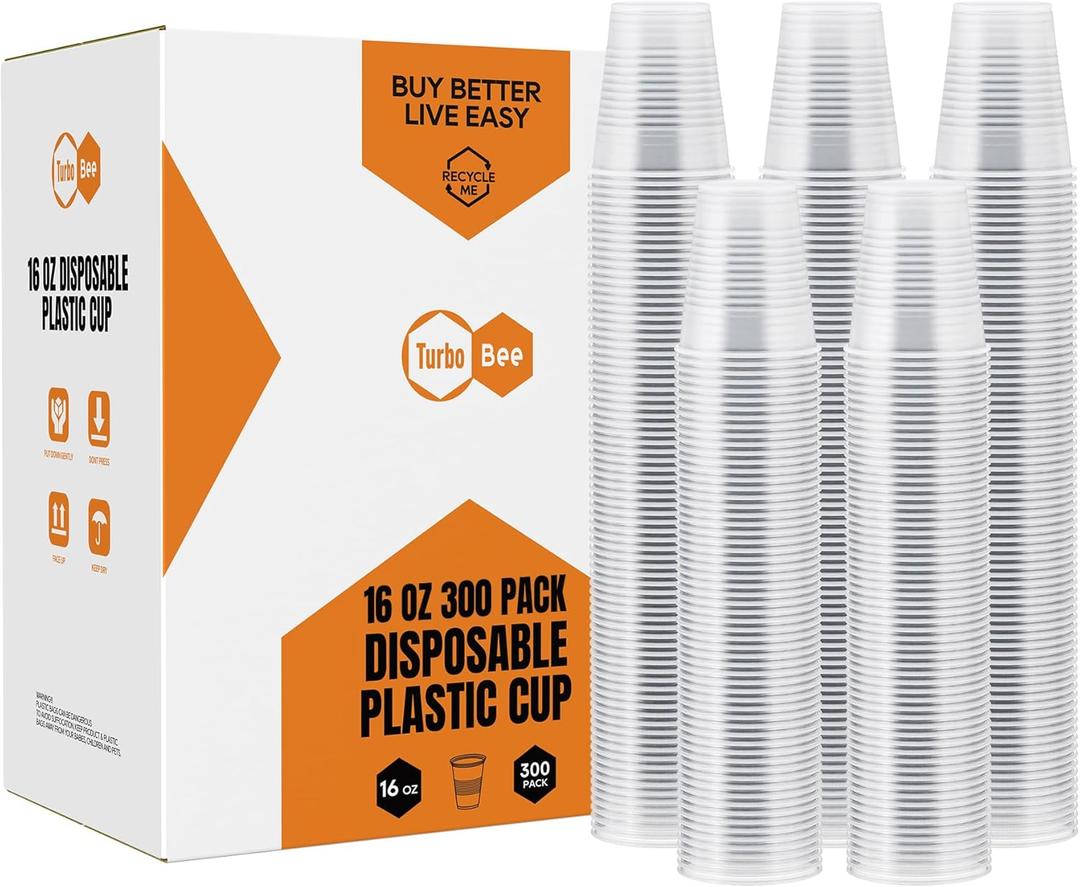 Turbo Bee 16 oz Clear Plastic Cups, 300 Count Disposable Party Cups for Beer, Soda & Iced Drinks, Bulk Cups for Barbecues & Large Gatherings