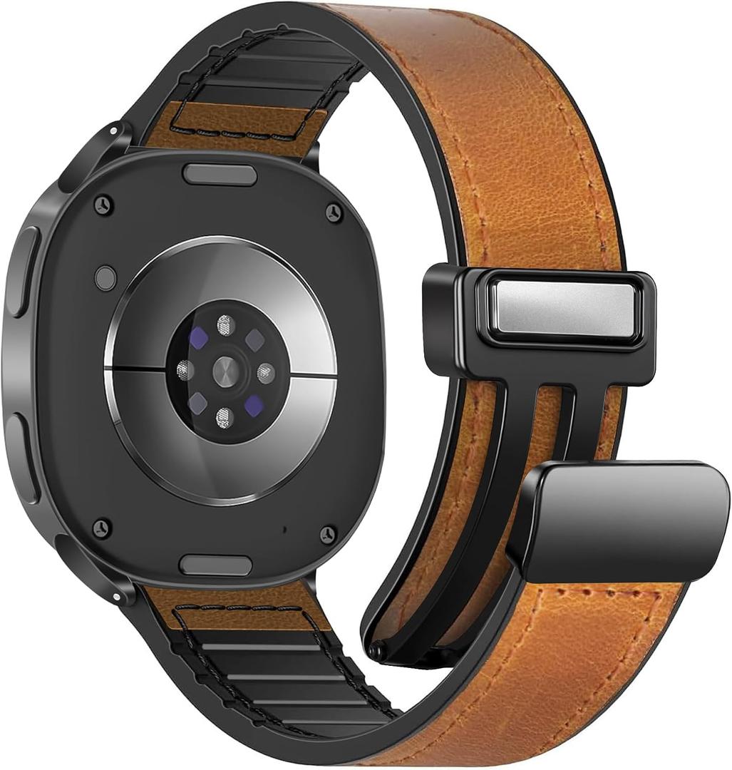 Genuine Leather Watch 8 Band Compatible with Samsung Galaxy Watch 8 40mm 44mm/ 8 Classic 46mm, Magnetic Buckle Silicone Bottom Design Adjustable Wristbands Accessories for Men and Women