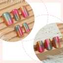 Cat Eye Press on Nails Medium Square Fake Nails with Colorful Gradient Designs Cute Nails Press ons Glossy Pink Acrylic Green False Yellow Stick on Nails for Women 24Pcs