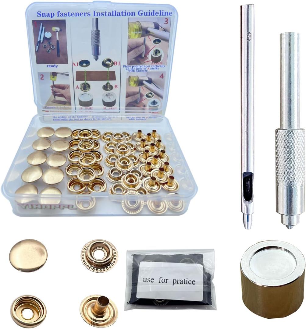 15MM Leather snap Fasteners kit Brass Heavy Duty with Sharp Hole Punch Cutter and Standard Install ToolPractice Operations Webbing for ClothesJacketsJeans Wears Bags (Pale Gold, 25)