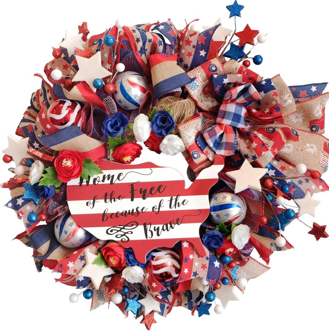 22-inch Patriotic Wreath American map Wreath for Front Door Independence Day Decor Red White Blue Flashing Ball Bow Gauze net with Christmas Ribbons Decor Memorial Day Home Decor