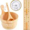 4 Pcs Sauna Accessories Set Include Wooden Sauna Bucket (with Plastic Liner) with Ladle 2 in 1 Thermometer Hygrometer Hourglass Timer Kit for Steam Room
