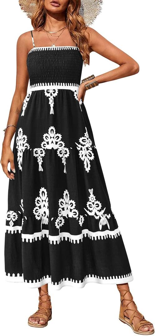 PRETTYGARDEN Women's Summer Maxi Dress 2026 Casual Boho Sleeveless Spaghetti Strap Smocked Tiered Long Beach Vacation Sundresse (Black White Flower, S)