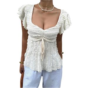 SOLY HUX Women's Summer Peplum Babydoll Tops Sweetheart Neck Ruffle Cap Sleeve Bow Tie Front Textured T Shirt (White, L)