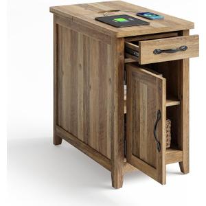LINSY HOME Charging End Table with USB Ports, Wooden Door, Brown