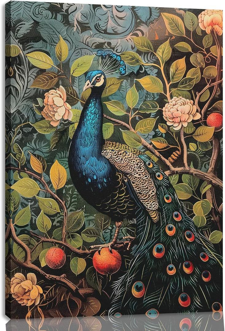Morris William Peacock Canvas Wall Art Decor, Morris William Animal Painting Poster, Peacock Pictures for Wall Living Room Bedroom Home Decoration 12*18 in (Stretched Canvas on A Wooden Frame)