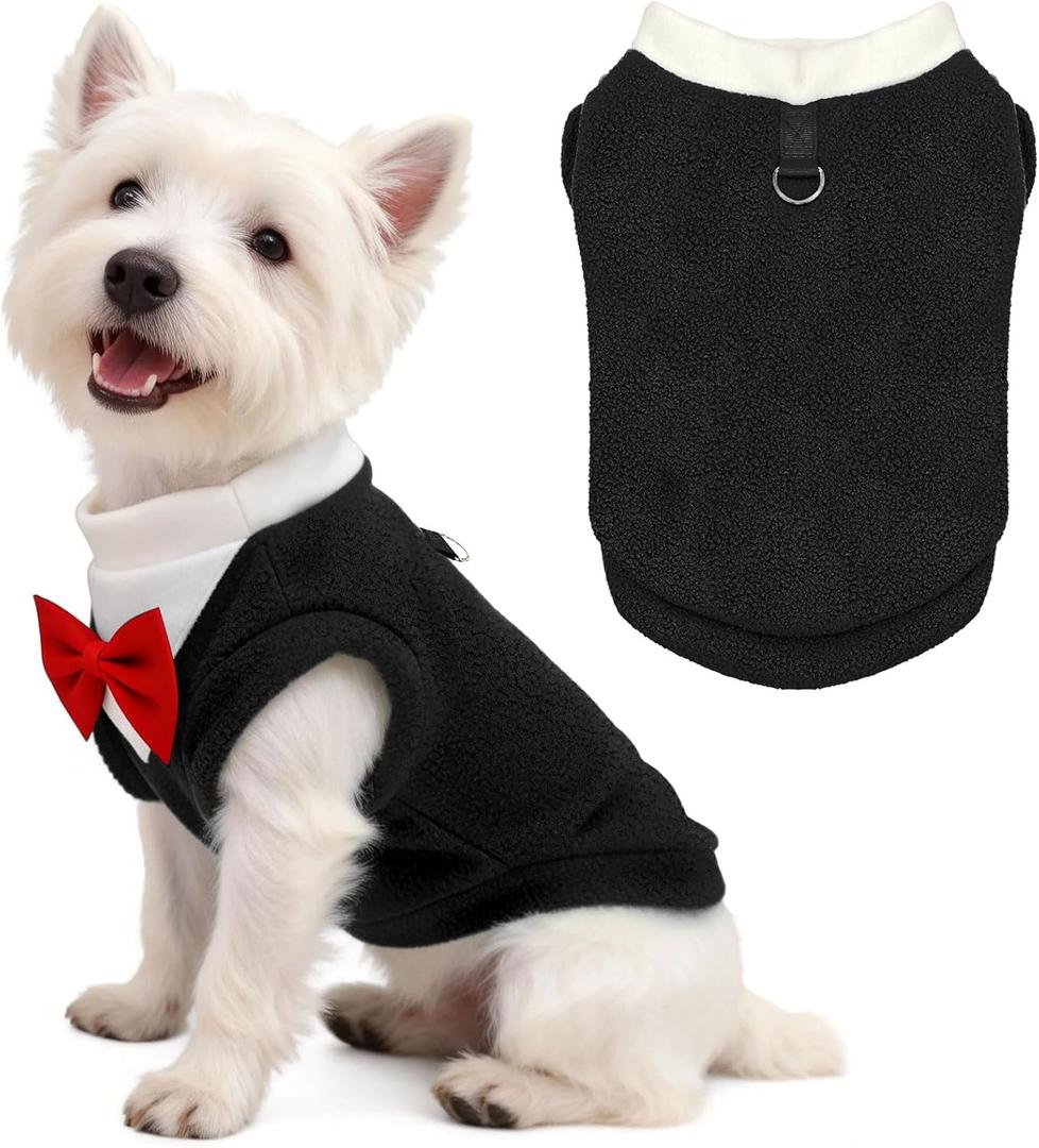 UETZLTB Cute Dog Fleece Sweater with D-Ring, Fall Winter Dog Clothes Tuxedo Costume with Bowtie, Soft Puppy Sweatshirt Chihuahua Yorkie Apparel Poodle Outfits for Small Medium Large Dogs(Black,L) (L (Chest 17.7" Back 12.6"))