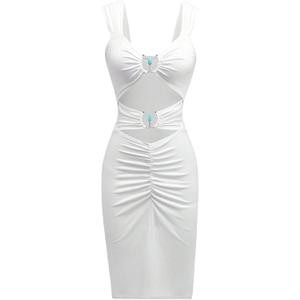 Milumia Women's Cut Out Ruched Dress Ring Sleeveless Bodycon Midi Dresses Wedding Guest Party Outfits (White)
