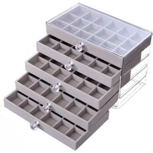 SPAKOWN Earring Box Holder Organizer Display Case, Clear Velvet Jewelry Storage Tray Organizer for Earring Ring Stud (Grey - 5 Drawers)