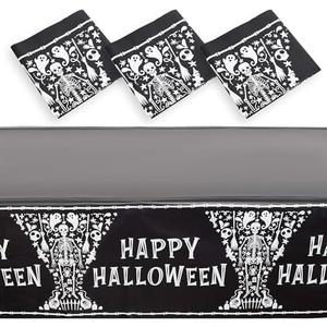 Spooky Central Skeleton Coffin Happy Halloween Tablecloth, Black Table Cover (54 x 108 in, 3 Pack) - Table Cloths