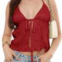 Women Halter Tie Front Tank Tops Y2k Split Flowy Cami Shirt Backless Sexy Going Out Crop Tops (Red, S)