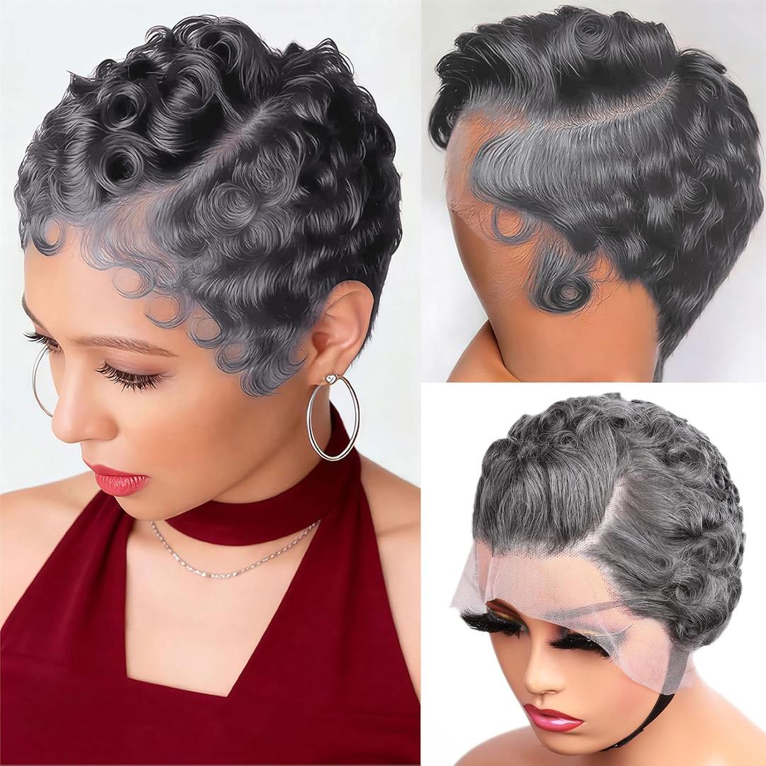 Dark Grey Curly Pixie Cut 13x4 Lace Front Wig 100% Human Hair Wigs, Dark Grey 13x4 HD Lace Frontal Wigs Short Layered Curly Wavy Glueless Wig Pre Plucked Deep Wave Pixie Cut Wigs for Black Women