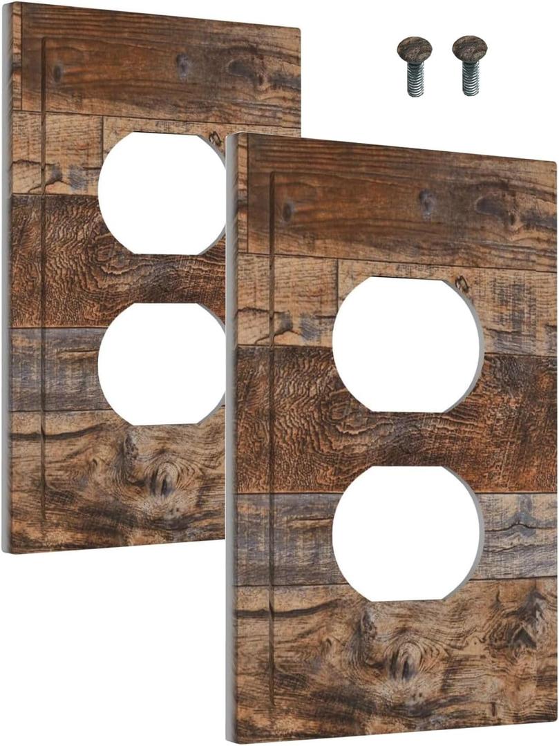 Brown Wood Outlet Cover 1 Gang Rustic Farmhouse Light Switch Cover Single Duplex Wall Plate Covers Switchplate Covers Electrical Faceplate For Country Bedroom Decor(2 PACK)