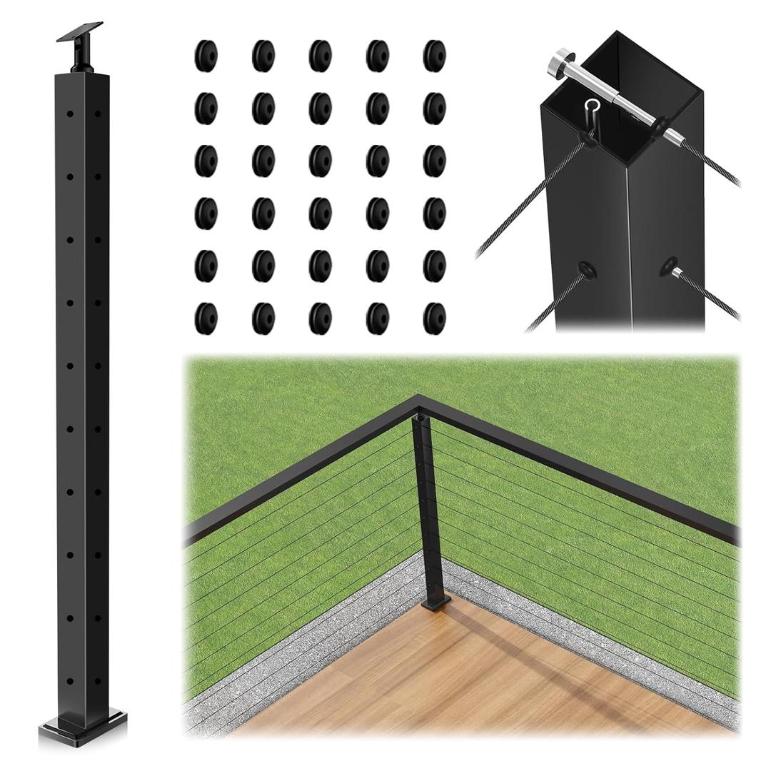 36" T-drilled Cable Railing Corner Post, 90 Degree Three Sides One-Post Corner Solution, Adjustable Top Heavy-Duty Stainless Steel T304 Corner Handrail Deck Post System for Indoor Balcony