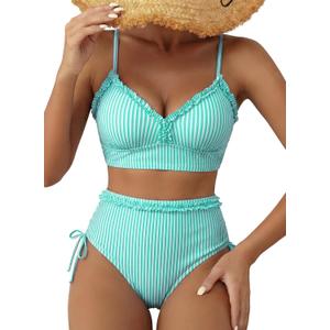 Herseas Women's Splice Ruffle Trim Bikini Sets Tie Side Swimsuits High Waisted Bathing Suits (Large)