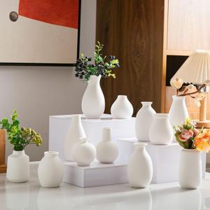 White Bud Vases, Ceramic Small Vase Set of 12, Mini Vases for Fresh and Dried Flowers, Modern Home Decor, Pottery Table Centerpiece