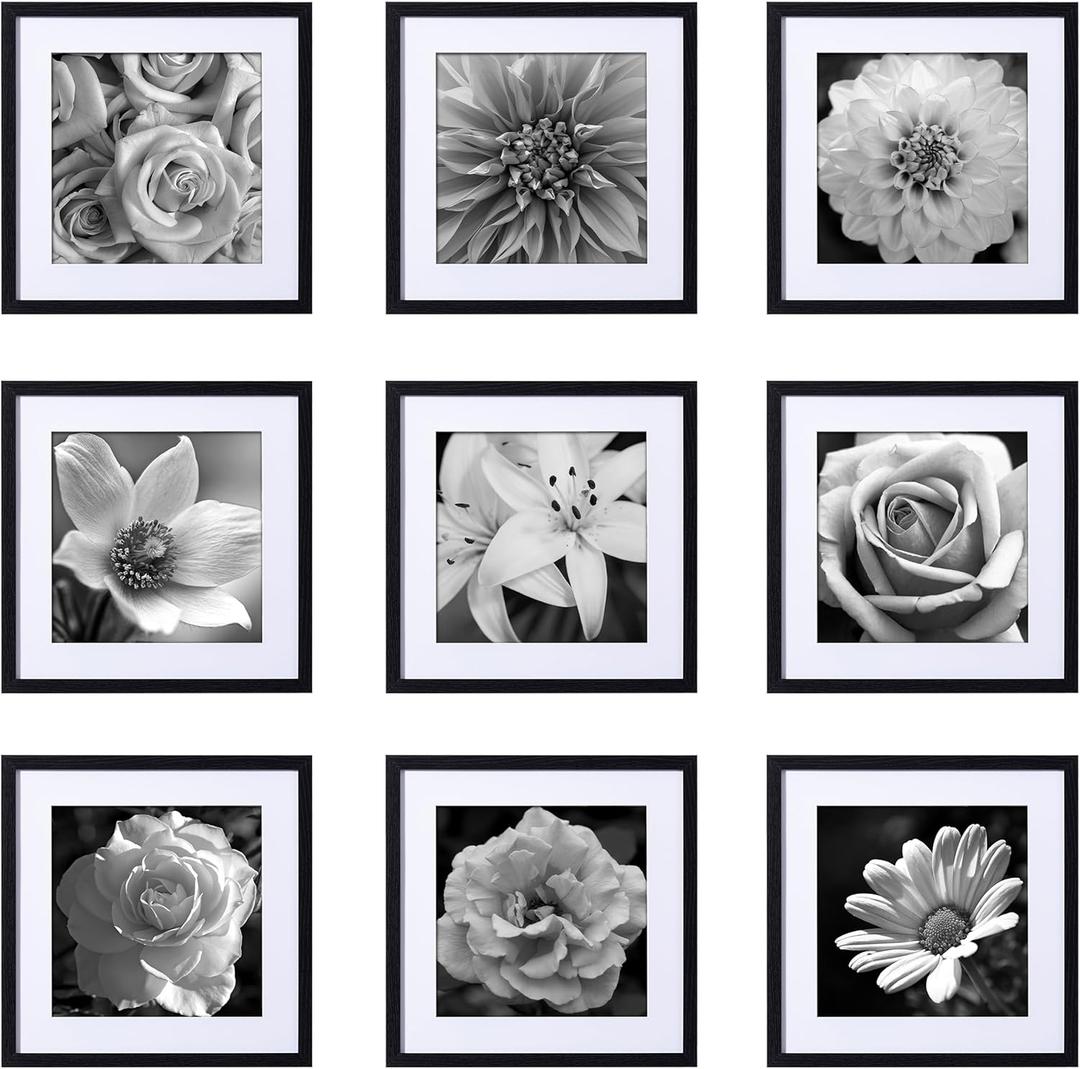 eletecpro 16x16 Picture Frames Set of 9 Classic Gallery Wall Frame Set, Displays 12x12 or 16x16 without Mat, Black Picture Frames Collage Wall Decor, Big Frames for Home Decor