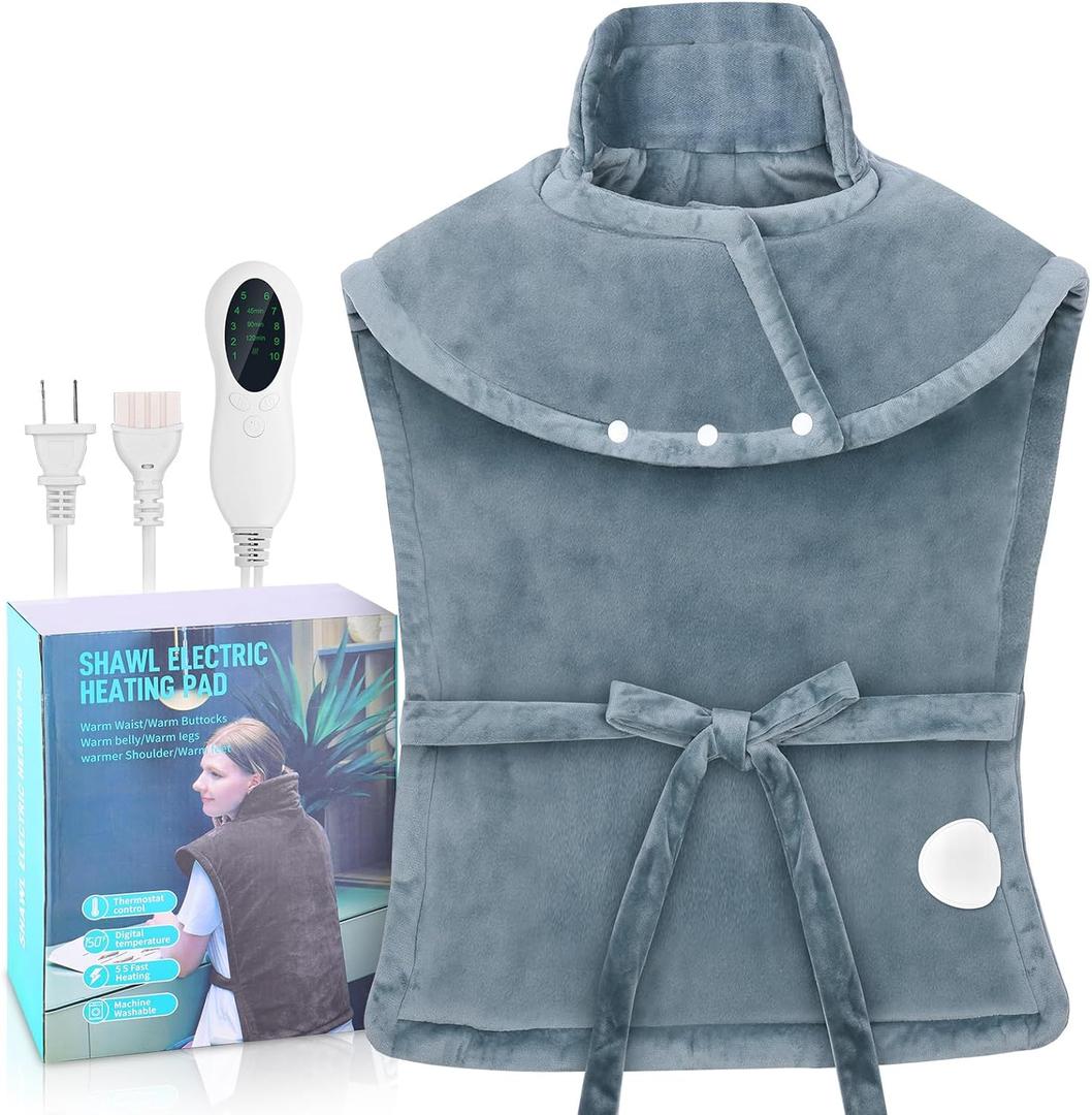 Electric Heated Shawl with Remote Control - 10 Heat Levels, 45/90/120 Minute Timer, 120W Warmth, 60X84CM Grey Flannel, Neck and Back Heating Pads, Detachable Cord, Washable