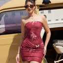 XXTAXN Women's Sexy Tube Strapless Floral Pattern Ruched Bodycon Date Night Mini Dress with Bow Tie (Winered Printing)