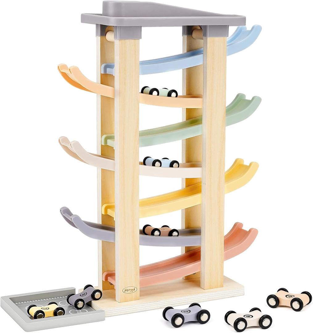 Joyreal Montessori Toddler Toys for 1 2 3 Year Old - 7 Level Wooden Car Ramp Racer Toys with 8 Mini Cars & 2 Garages - Christmas Birthday Gifts for 2 Year Old Boys and Girls