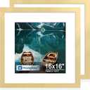 Hongkee 16x16 Frame Set of 2, Gold Wood Style - Display Square 12 x 12 with Mat or 16x16 without Mat, Wall Mounting Horizontal and Vertical