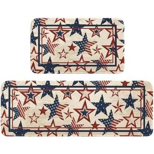 Stars Independence Day Patriotic 4th of July Kitchen Mats Set of 2, Memorial Day Home Decor Kitchen Rugs for Floor - 17x29 and 17x47 Inch