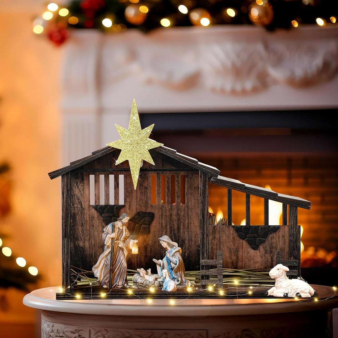 14 x 11 Christmas Wooden Nativity Stable with Fence and Roof Star Nativity Manger Nativity Scene Set 2 Simulated Withered Grass with Light String Nativity Stable Creche (Without Figurines)