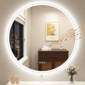 32" LED-Bathroom-Mirror-with-Lights, Wall-Mounted with Bluetooth Speaker, Anti-Fog, 3 Color Temperature, Dimmable Brightness, Waterproof, Tempered Glass, Frontlit & Backlit, Round (32"L x 32"W, Silver-round)