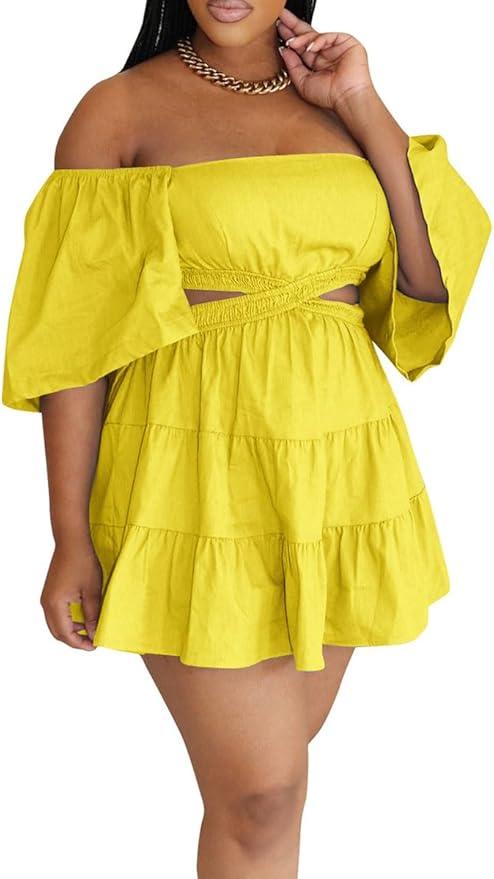 WOKANSE Fashion Dresses for Women 2024 Sexy Off Shoulder Boat Neck Waist Elastic Cut Out Pleated Ruffle A Line Mini Dress. XL