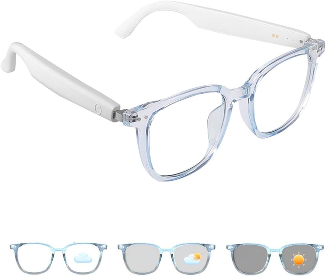 Smart Glasses for Men Women, Open Ear Bluetooth Glasses with Photochromic Lenses, Touch Control, Voice Assistant Clear Audio, Remote Photography, Blue Frame and white legs, Perfect for Indoor Outdoor