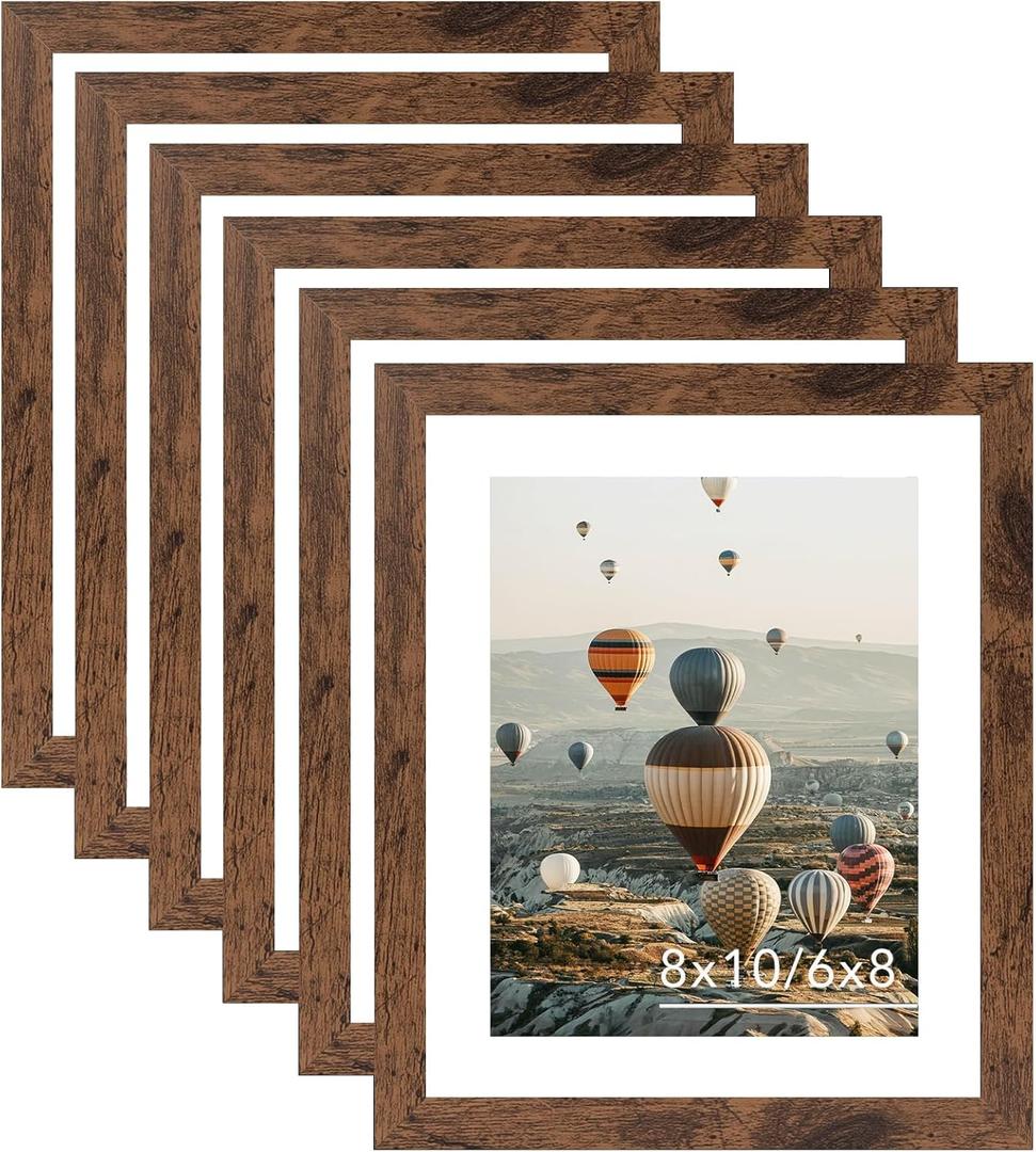 JCJMY 8x10 Picture Frame Set of 6 for Wall Hanging or Tabletop, Display 6 x 8 with Mat or 8 x 10 without Mat, Wood Photo Frames Bulk for 8 by 10 Photo, 6 Pack, Deep Brown