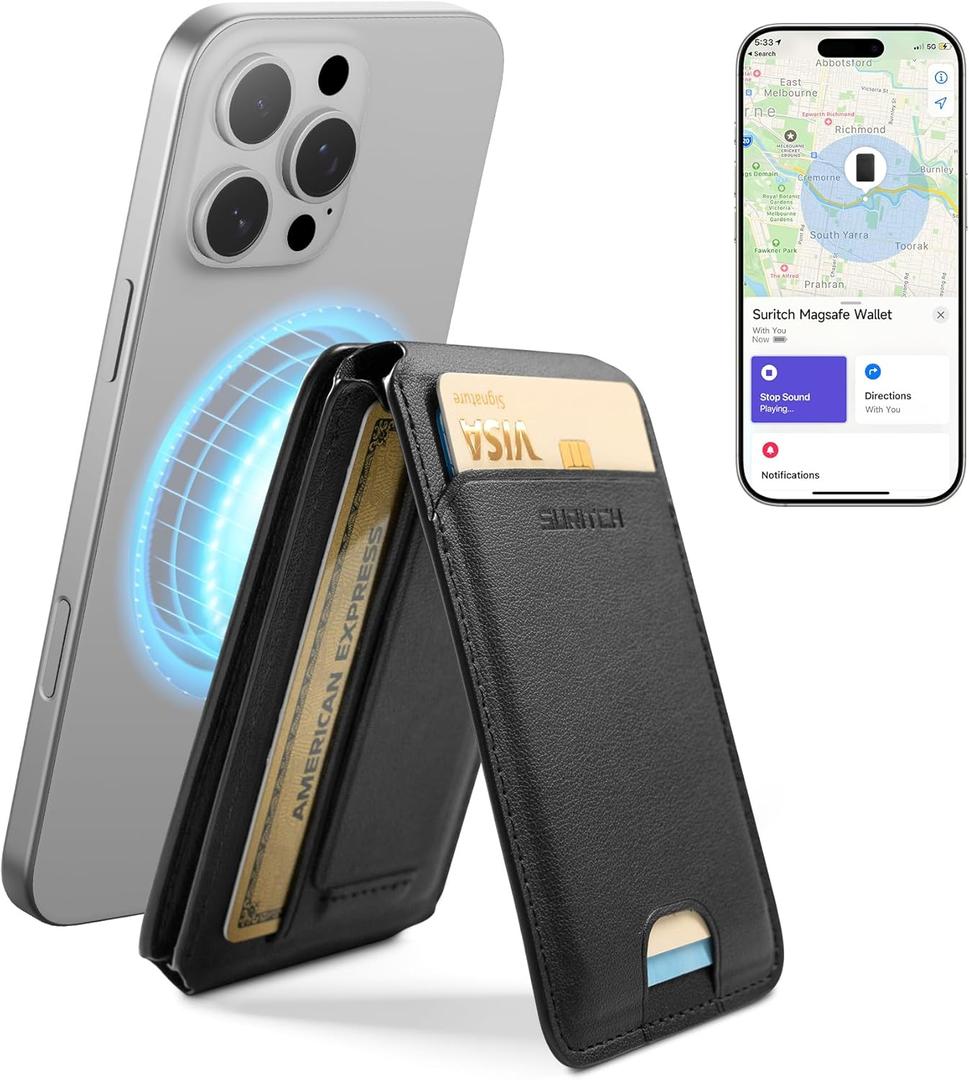 SURITCH for MagSafe Wallet with Find My Functionality, NFC Supported Card Holder with RFID Blocking, Magnetic Wallet with Adjustable Stand Selfie Stick for iPhone 17/16/15/14/13/12 Series, Black