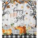 Riyidecor Happy Fall Shower Curtain for Bathroom Decor 60Wx72H Farmhouse Maple Leaf Pumpkin Floral Autumn Black White Plaid Wooden Rustic Art Printed Fabric Polyester Waterproof 12 Pack Plastic Hooks