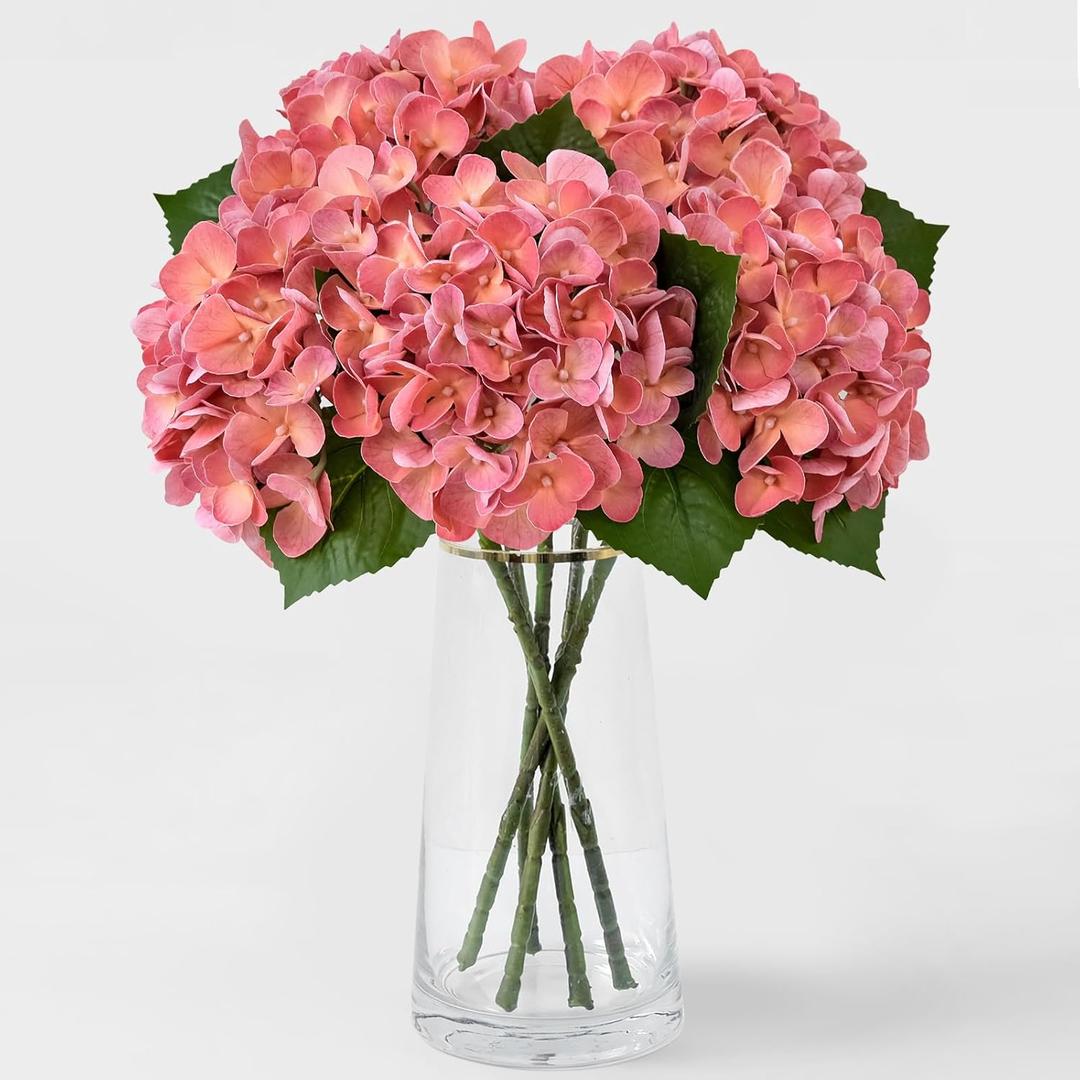 ZYTUYO 5PCS Coral Peach Hydrangea Artificial Flowers Small Fake Latex Real Touch Hydrangeas Flowers with Stems Faux Silk Bouquet for Home Decor Table Wedding Party Outdoor Centerpieces